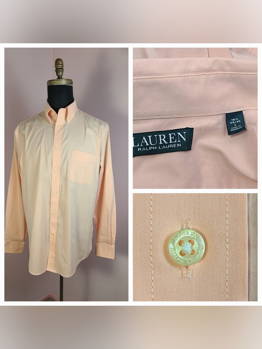 Mens LAUREN Ralph LAUREN Large 16.5 34/35 Pink/Salmon Long Sleeve Button Shirt